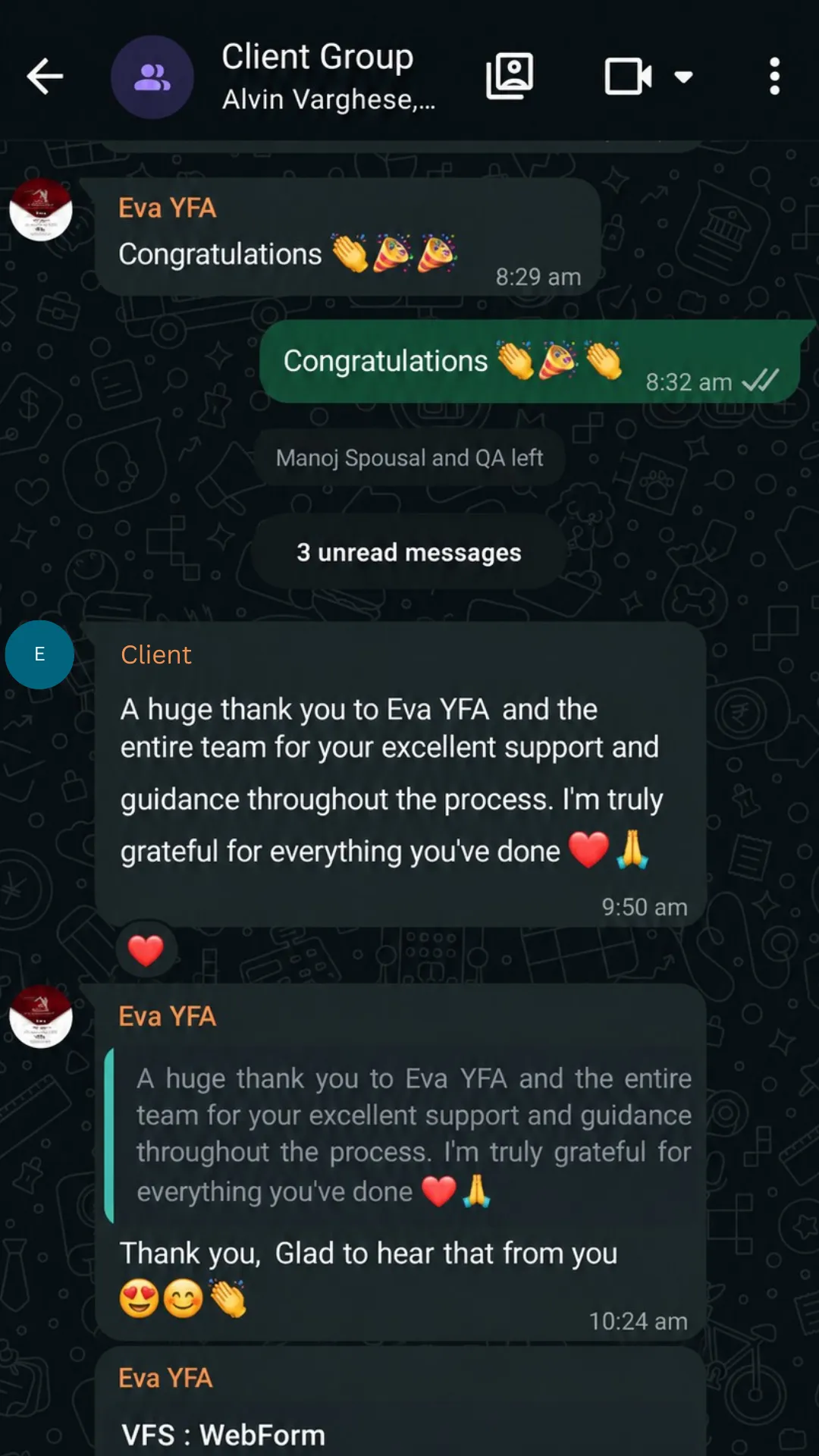 WhatsApp conversation showing YFA counselor guiding a student through study abroad queries