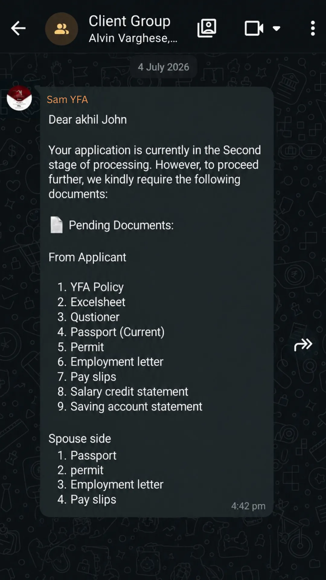 WhatsApp conversation discussing document requirements for visa application