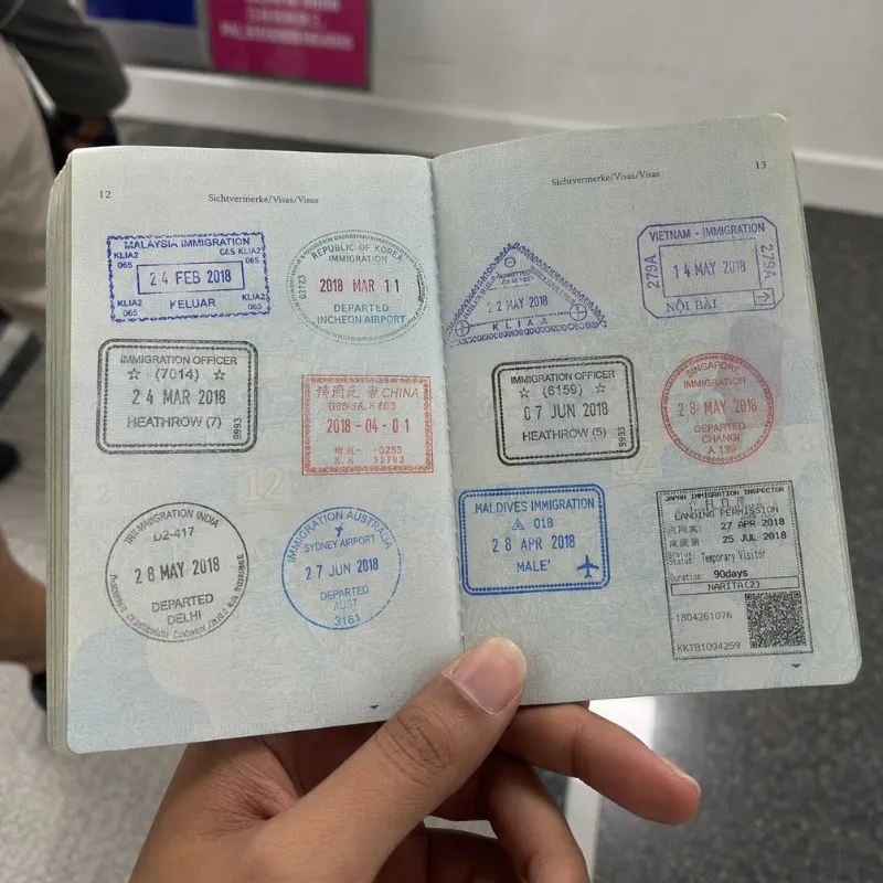 Passport page with entry and exit stamps from various countries